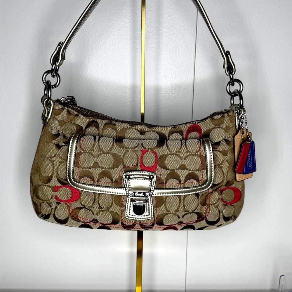 ✨ Coach Signature Scribble C Shoulder Bag – Khaki/Red – Style 21623 – Y2K Era
